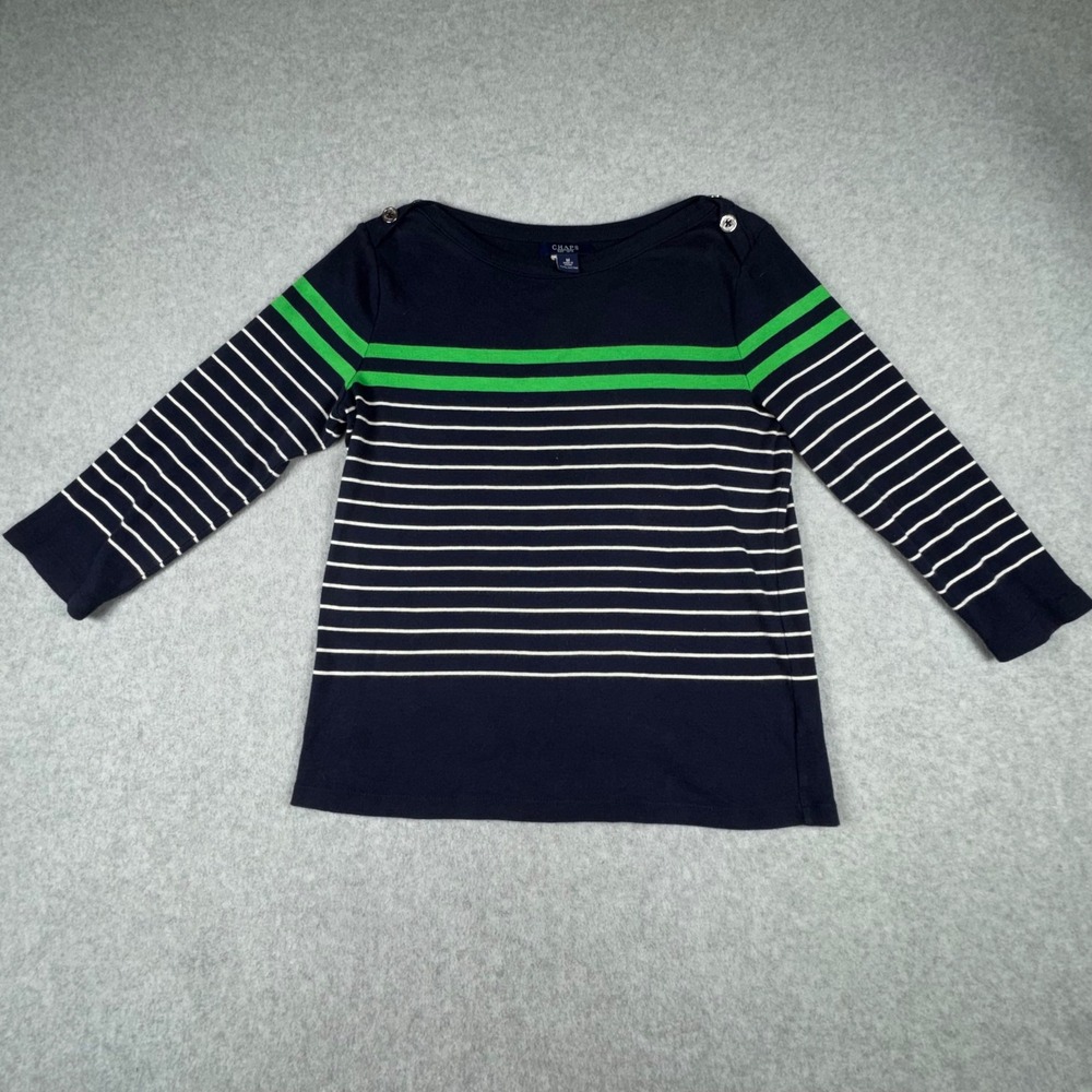 Chaps Womens Navy Blue Striped Boat Neck Cotton Top Gold Shoulder Buttons Size M